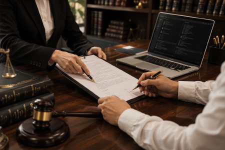 Legal professionals reviewing and signing documents at a law office